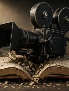 a film camera crushing a book