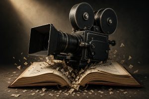a film camera crushing a book